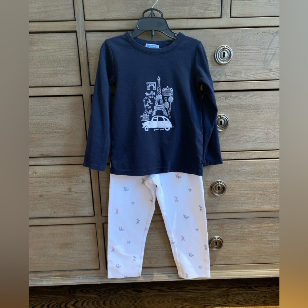 Jacadi Navy Blue Pajamas Set Long Sleeve Tee & Pant Paris Graphic 100% Cotton 6Y